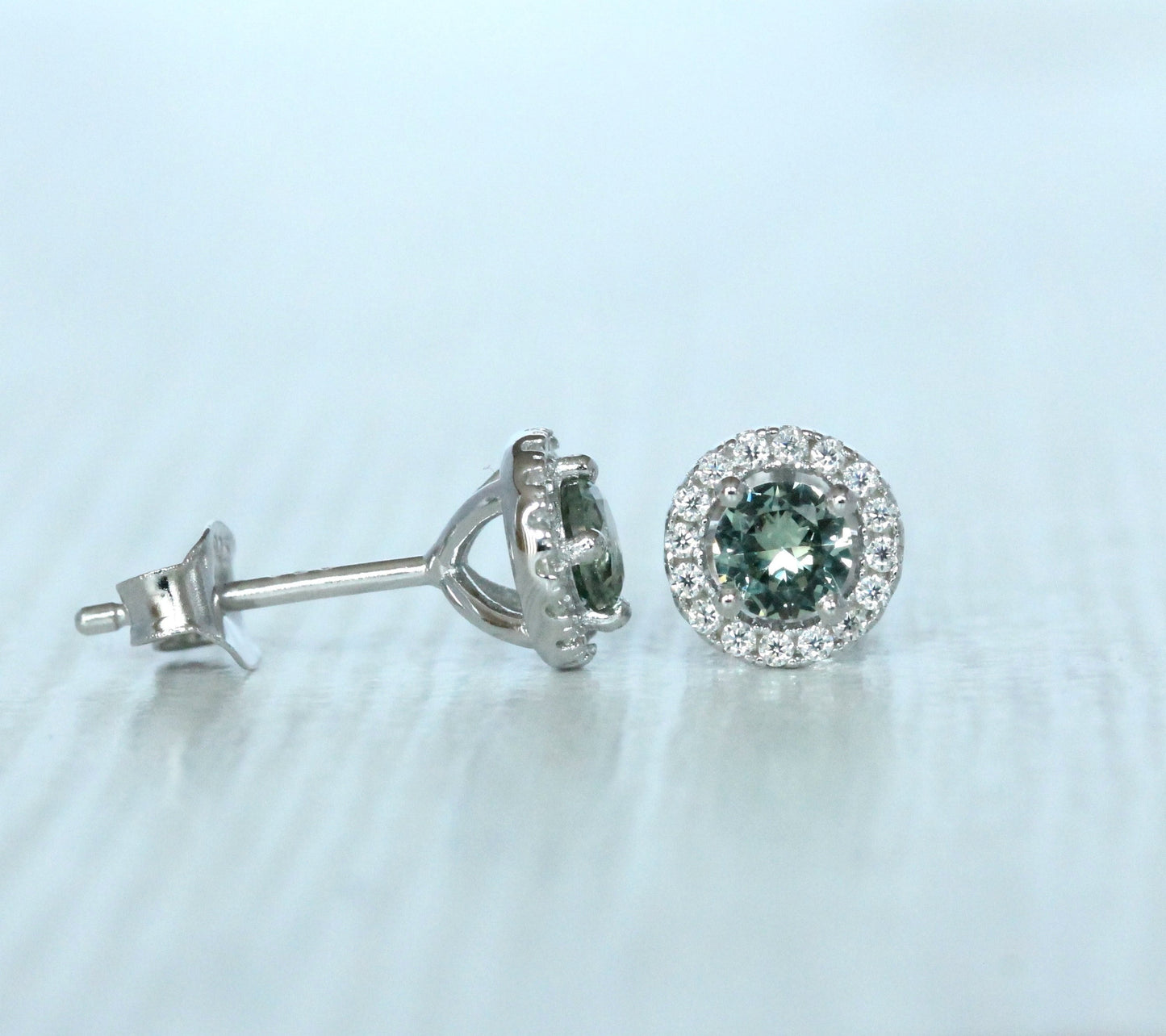 Natural Green sapphire & Genuine Moissanite Halo stud earrings in Sterling silver