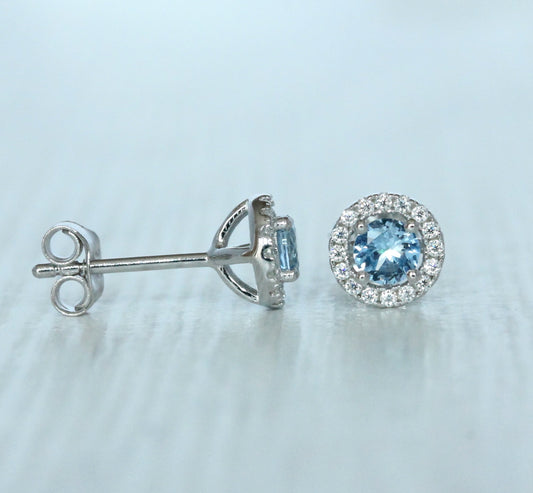 Natural Aquamarine & Genuine Moissanite Halo stud earrings in Sterling silver