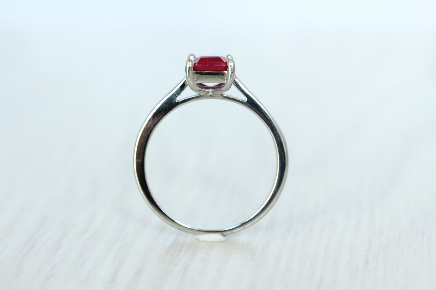 2ct Natural Ruby, Emerald Cut Solitaire cathedral ring in Titanium or White Gold