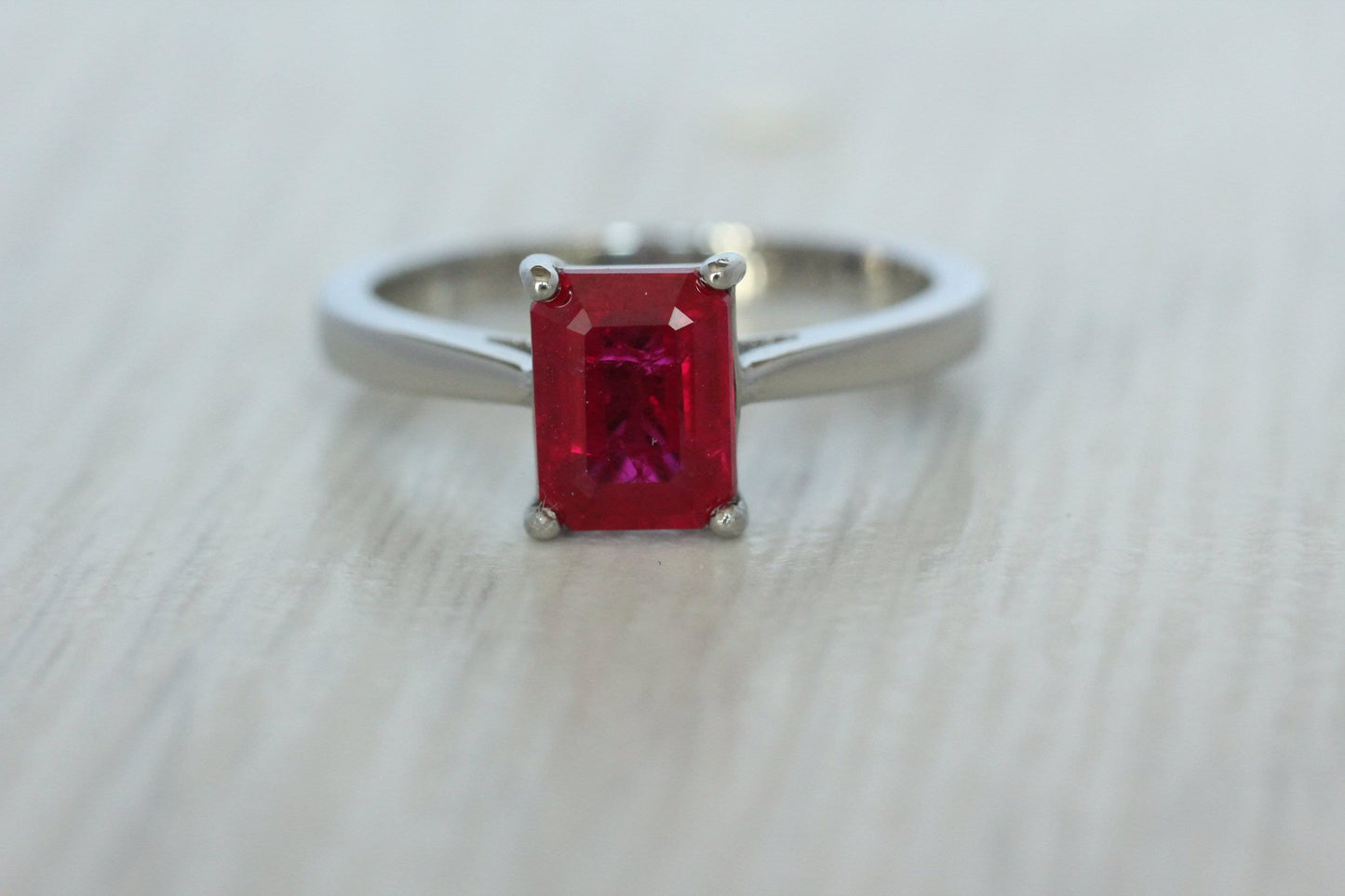 2ct Natural Ruby, Emerald Cut Solitaire cathedral ring in Titanium or White Gold