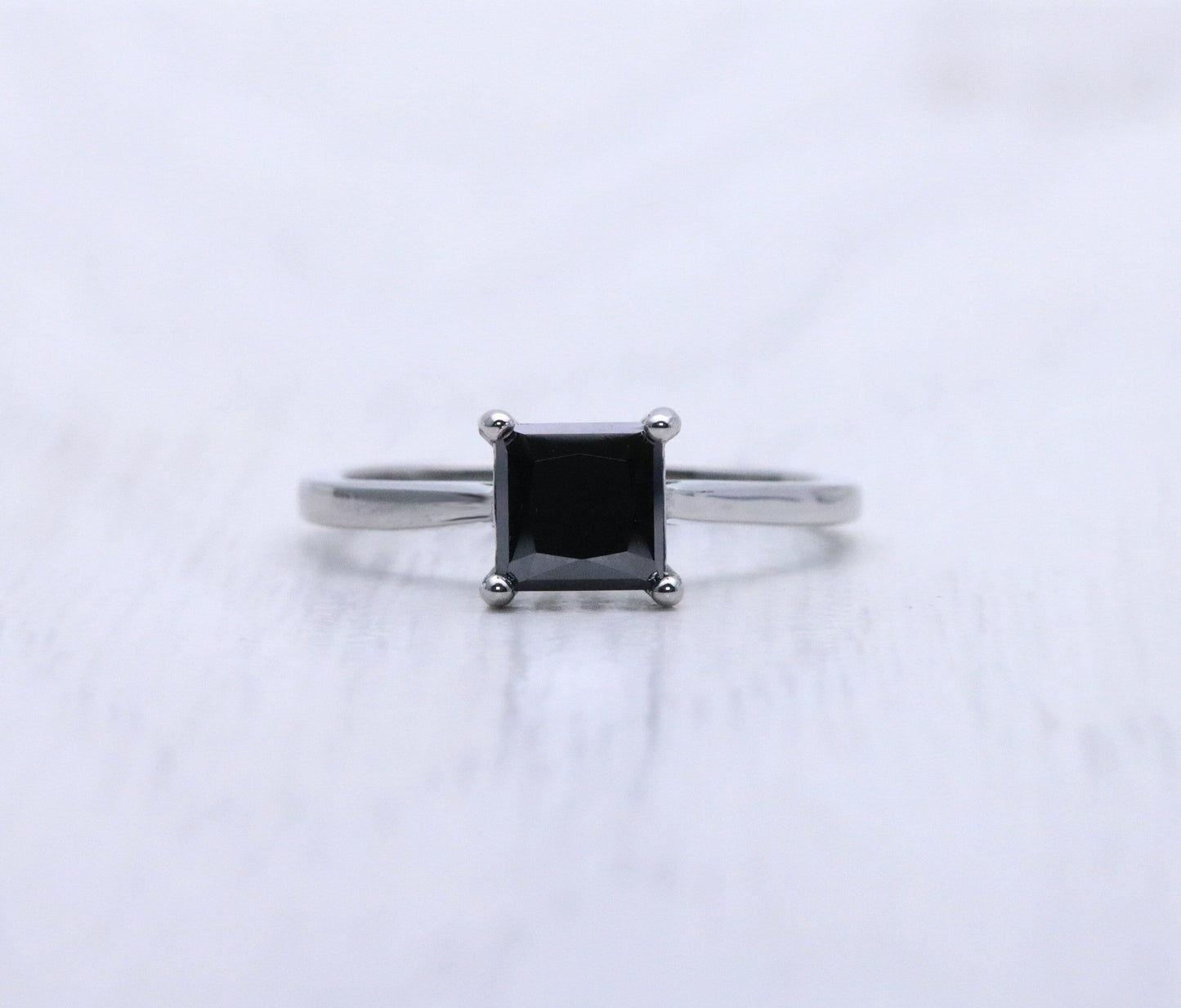 1ct Princess Cut Black Moissanite Solitaire cathedral ring in Titanium or White Gold