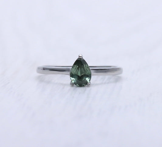 0.7ct Pear Cut Green Sapphire Solitaire cathedral ring in Titanium or White Gold