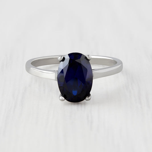 1.7ct Oval Cut Lab Blue Sapphire Solitaire cathedral ring in Titanium or White Gold