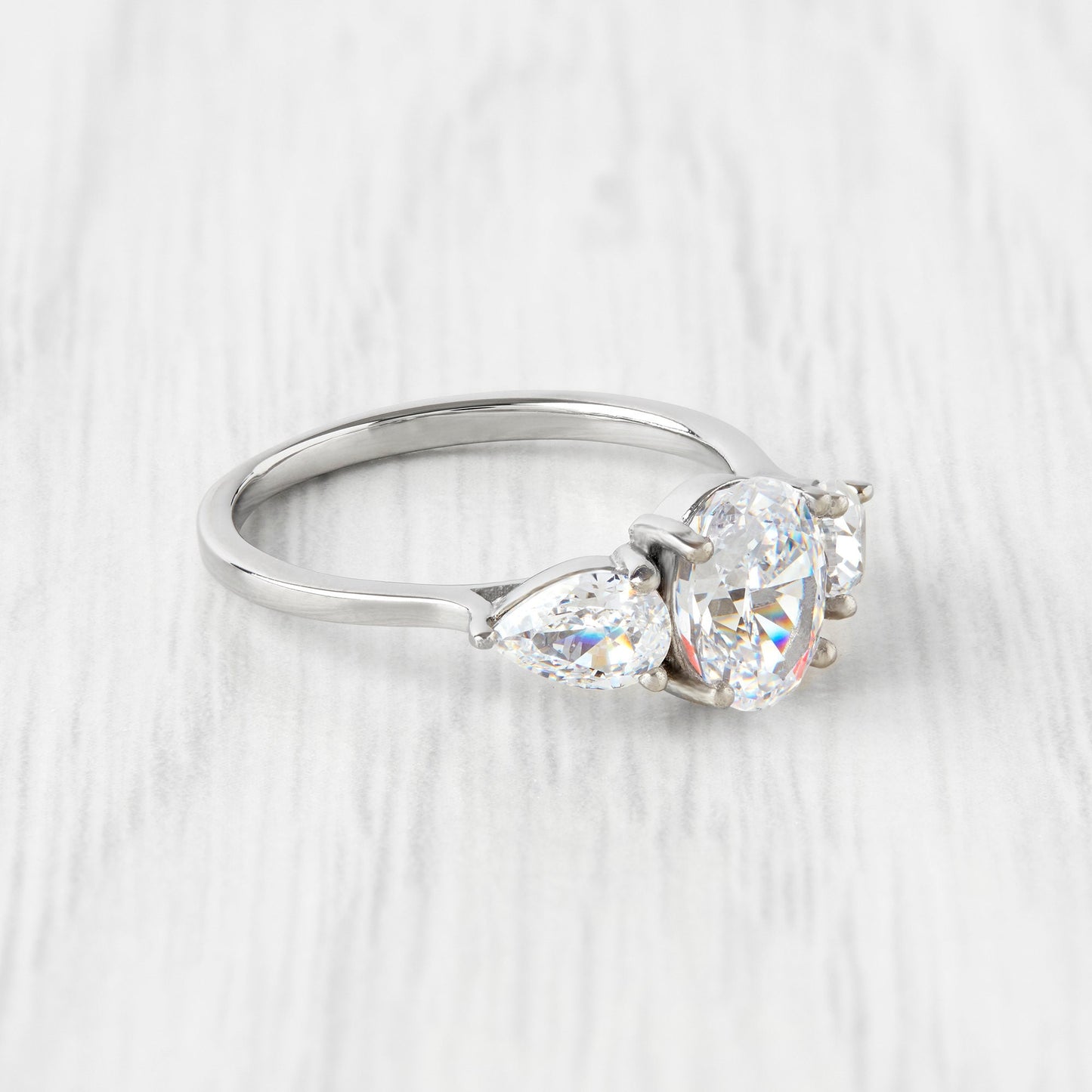 CRUSHED ICE CUT Genuine moissanite Oval & pear cut 3 stone Trilogy Ring in White Gold or Titanium  - engagement ring - handmade ring
