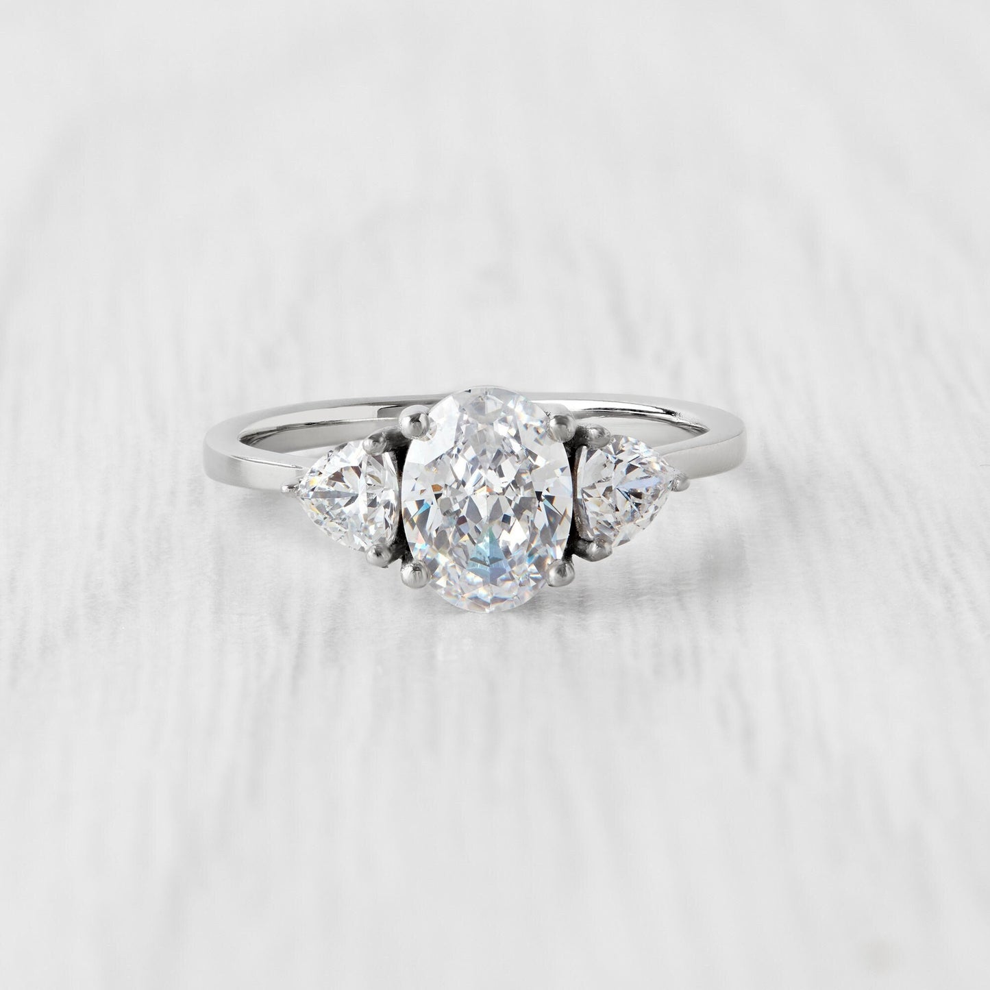 CRUSHED ICE CUT Genuine moissanite Oval & trillion 3 stone Trilogy Ring in White Gold or Titanium  - engagement ring - handmade ring