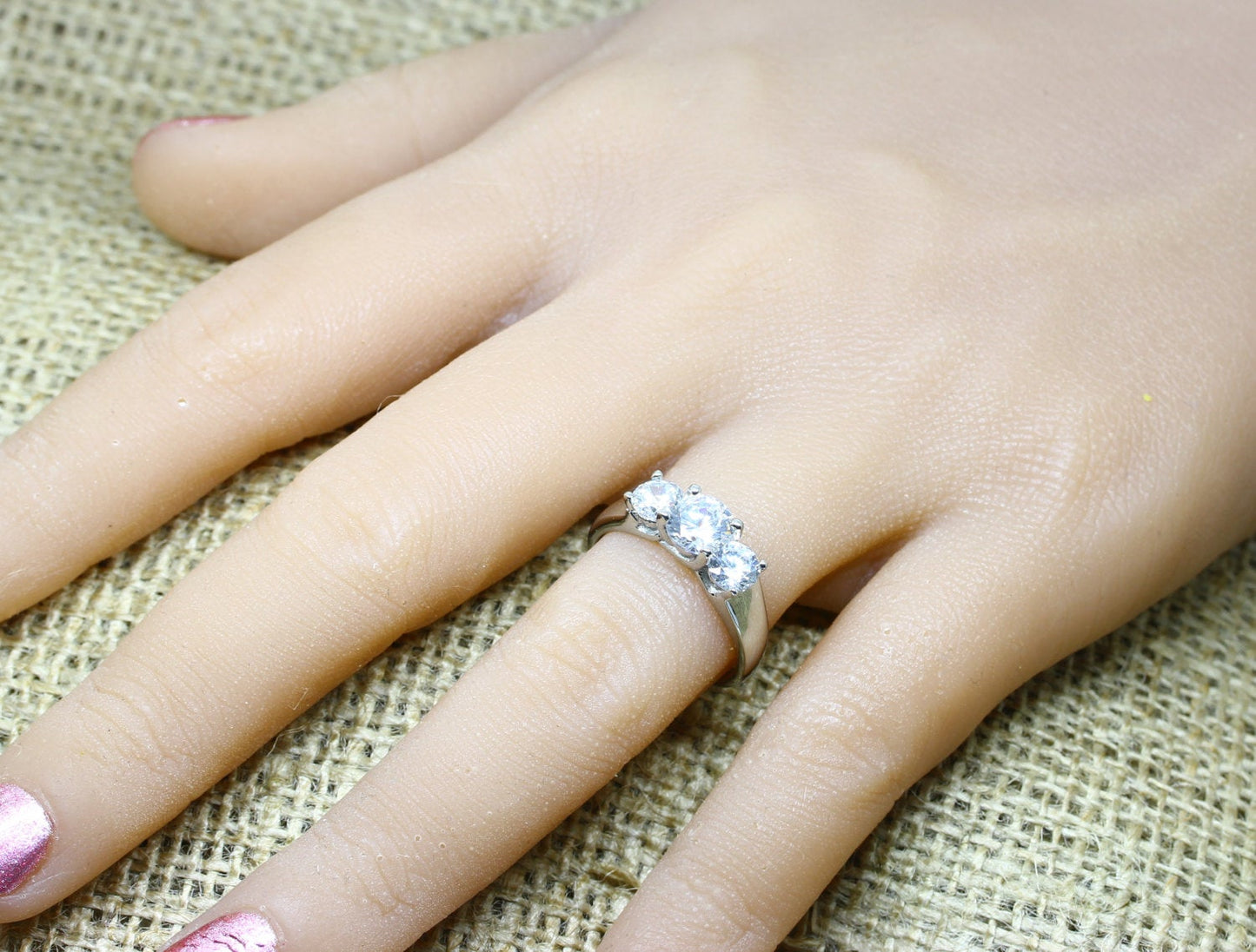 White Sapphire 3 stone trellis trilogy ring in titanium or white gold - engagement ring