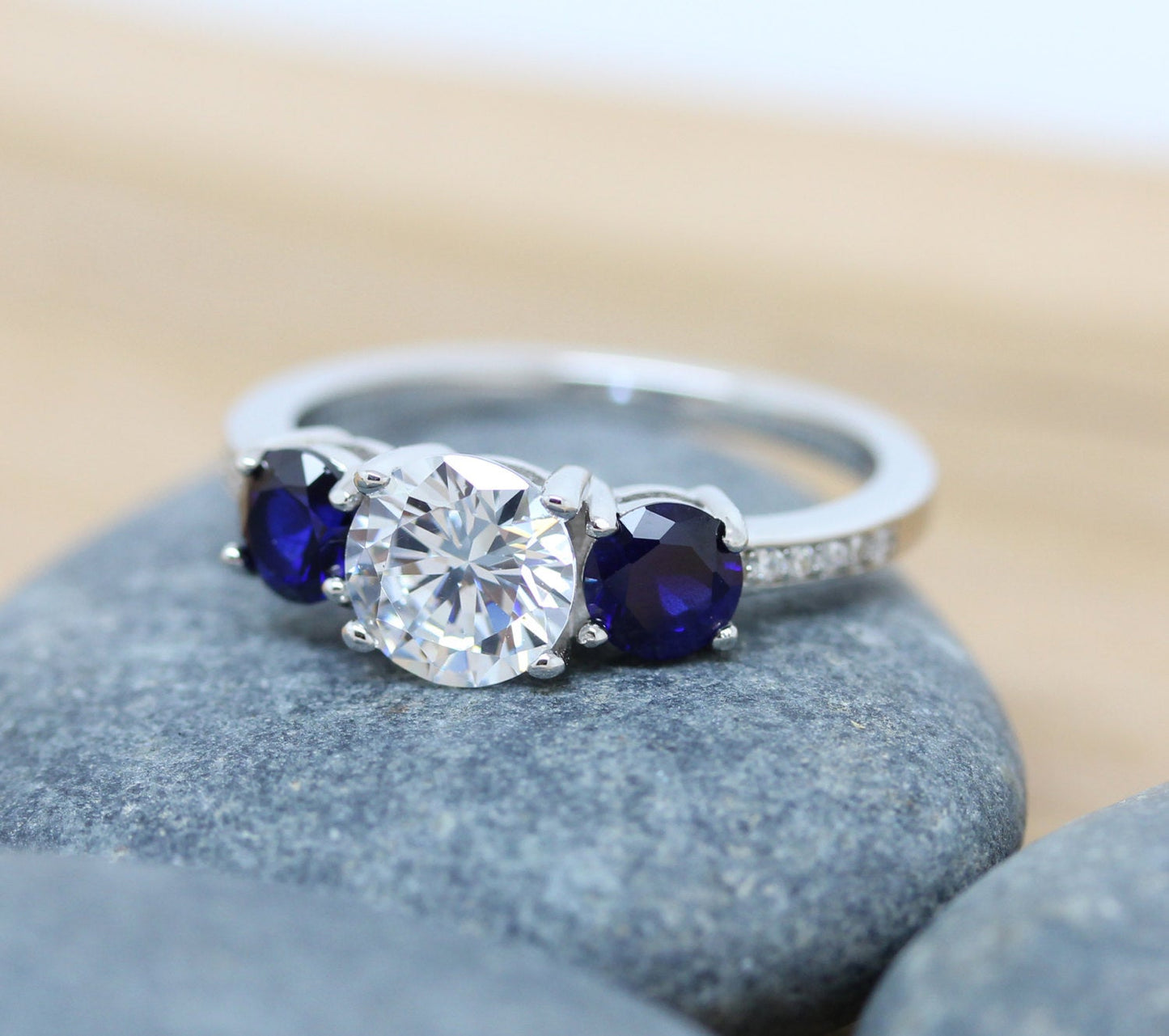 Blue Sapphire and Man Made Diamond Simulant Trilogy 3 stone Ring - available in white gold or sterling silver - engagement ring